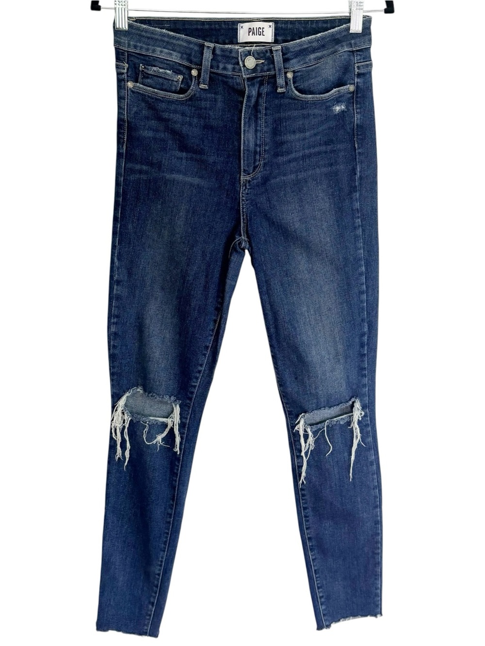 PAIGE Margot Ultra Skinny High Rise Distressed Raw Hem Jeans Dark Wash 28